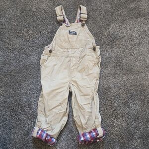OshhKosh B'gosh baby boys' khaki overalls with a plaid inner lining Size 3T